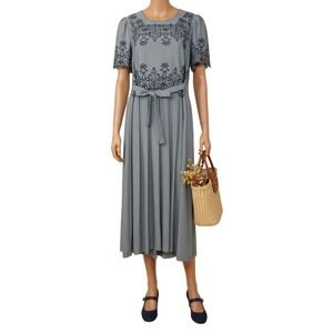 Peri Petites Houndstooth Dress 8 Navy Embroidered Midi Cottagecore Vintage 80s